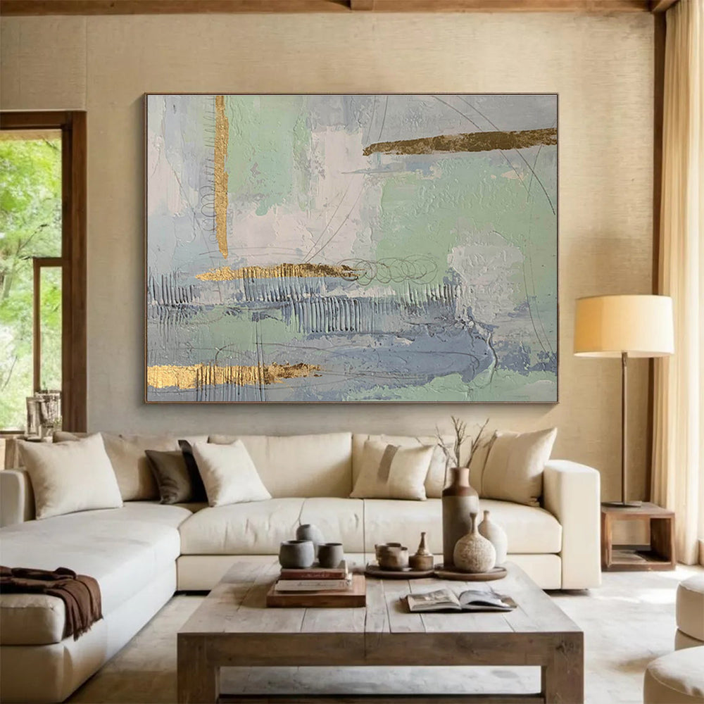Pastel Greens and Blues with Gold Abstract Painting On Canvas DKS179