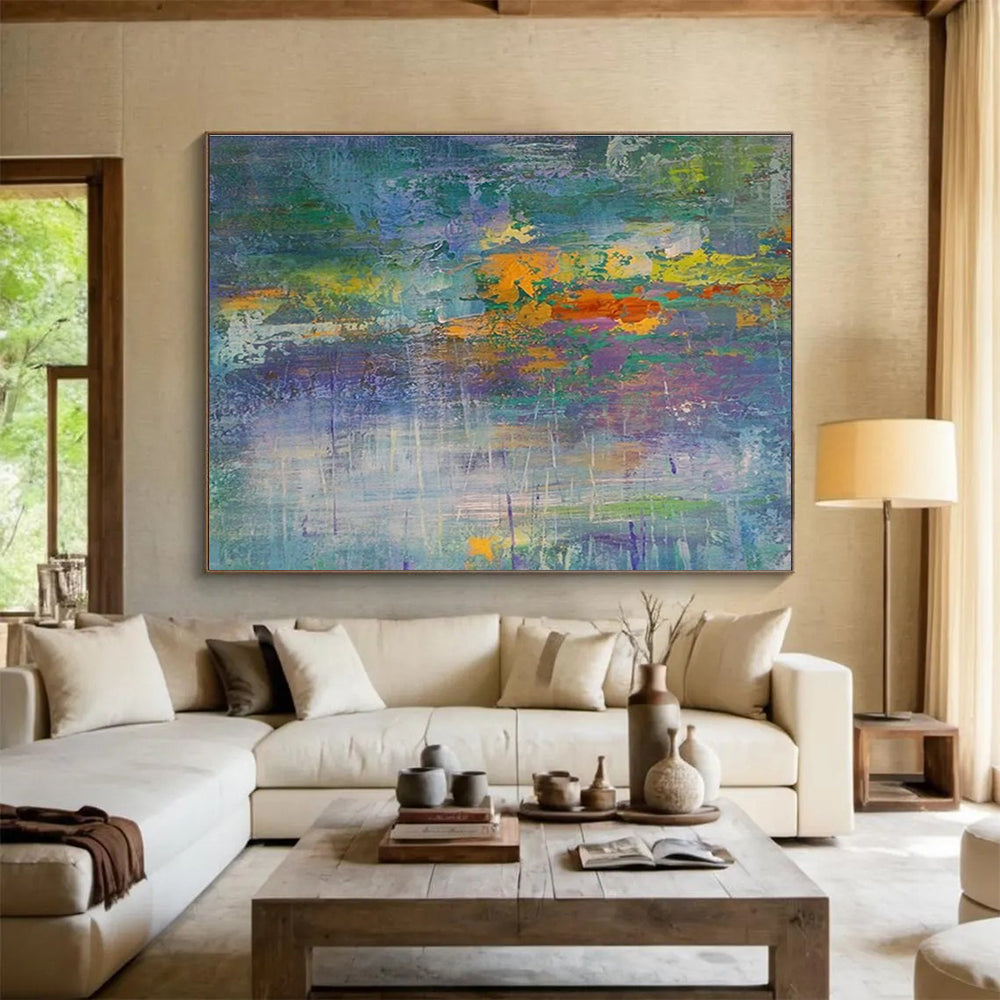“Colorful Abstract Horizon” - Blue, Green & Orange Abstract Landscape, Expressive Oil Painting On Canvas DKS714