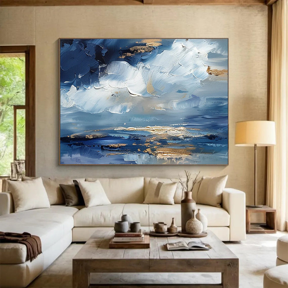 “Azure Sky & Gold Reflections” - Blue, White & Gold Abstract Landscape, Textured Sky Oil Painting On Canvas DKS684