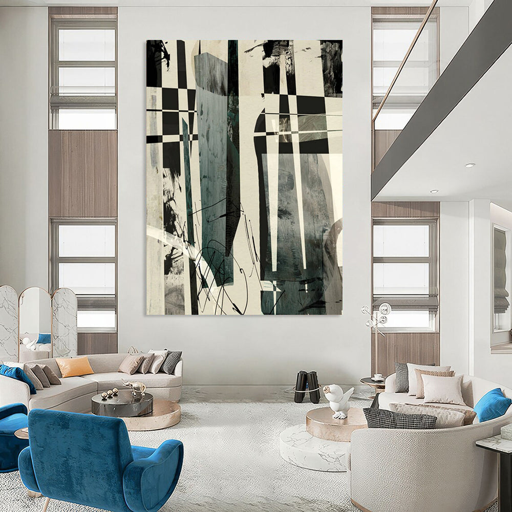 “Checkerboard & Abstract Forms” - Black & White with Dynamic Shapes Painting On Canvas DS218