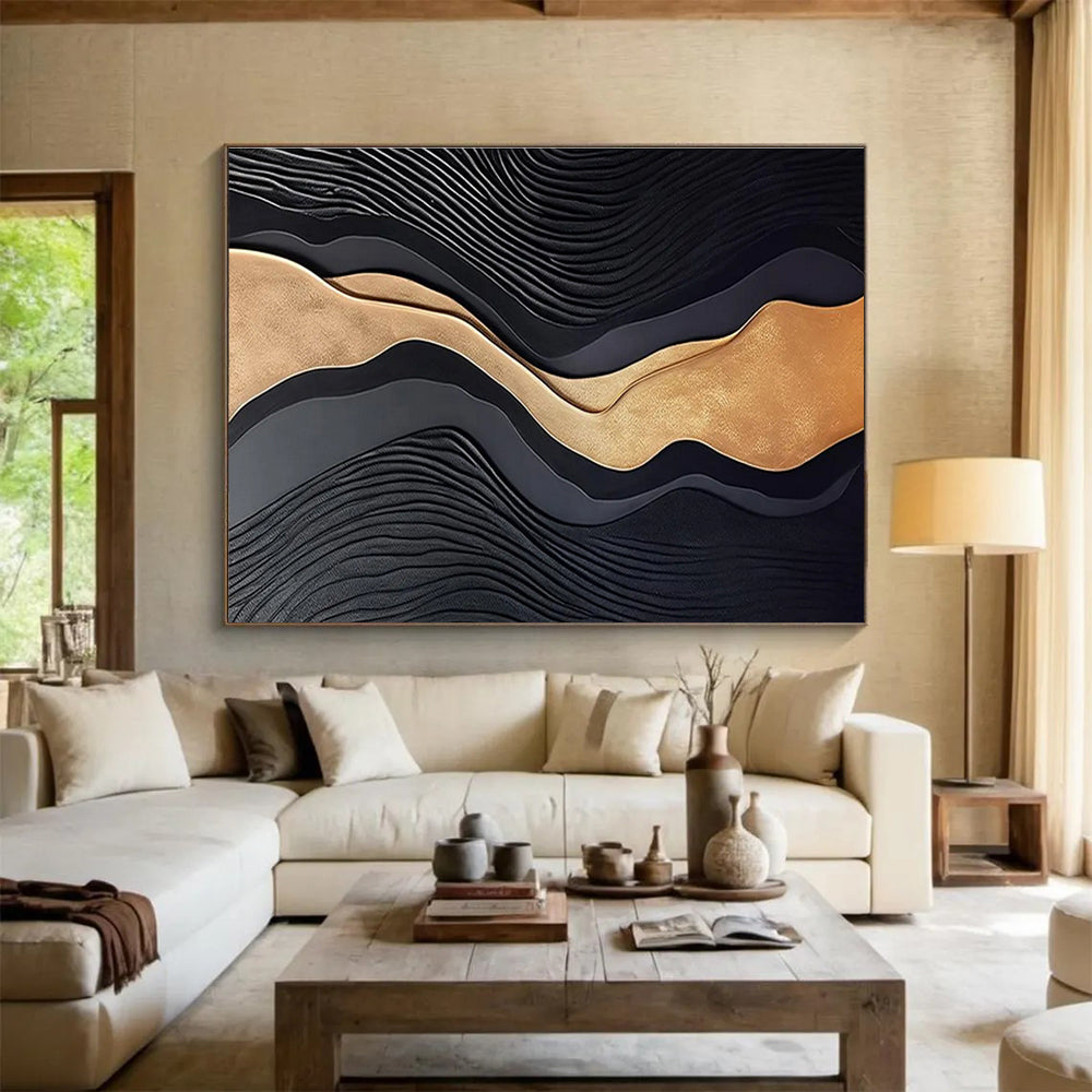 Black and Gold Textured Waves Contemporary Abstract Painting On Canvas DKS149