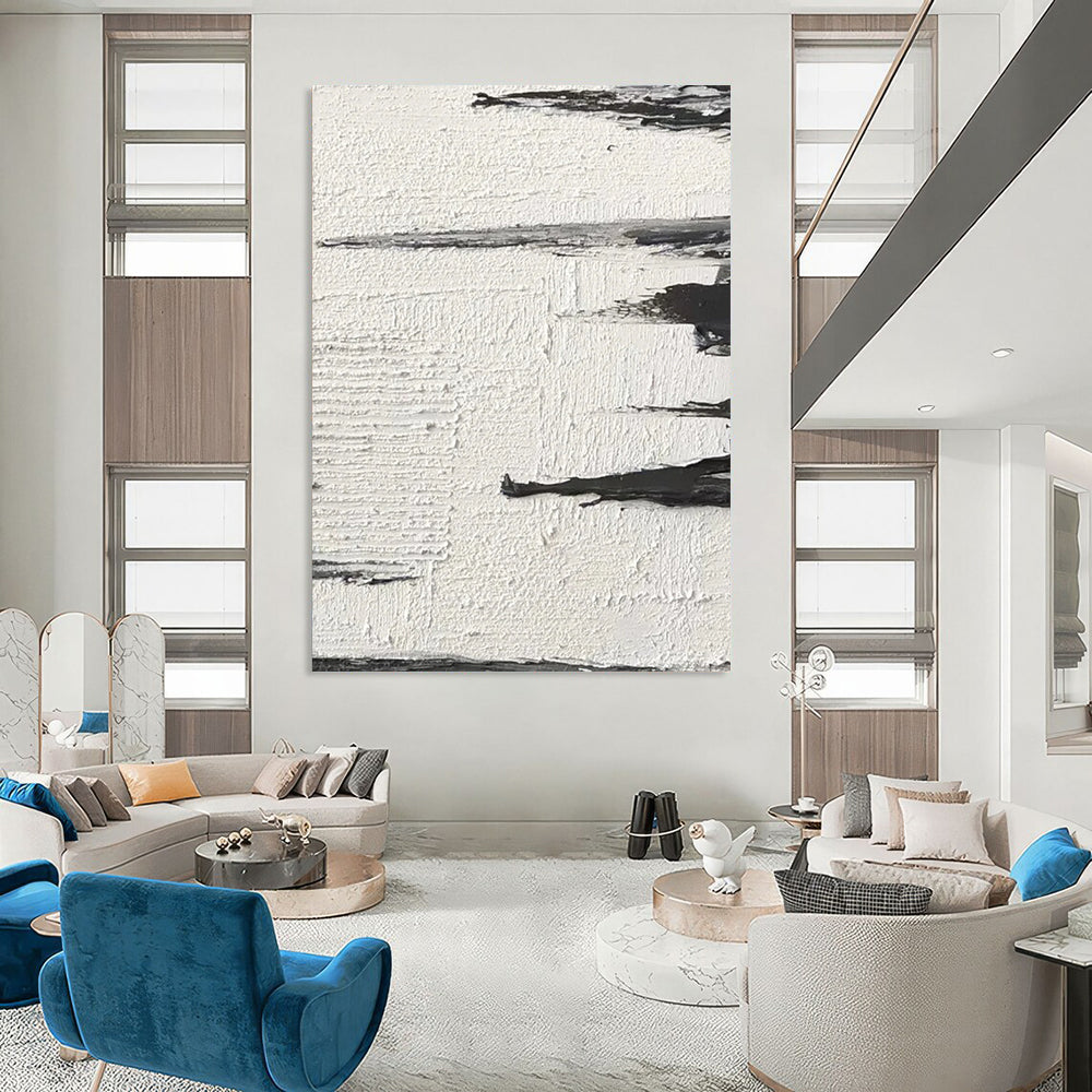 “Textured Black and White Abstract Horizons” - Layered Minimalist Painting On Canvas DS384