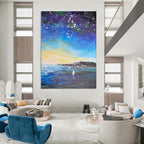 “Starry Night Coastal Sailboats” - Impressionist Night Sky Painting On Canvas PT1902