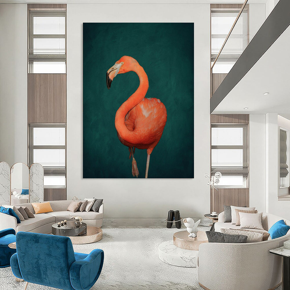 “Pink Flamingo on Dark Green” - Wildlife Portrait Painting On Canvas PT1920
