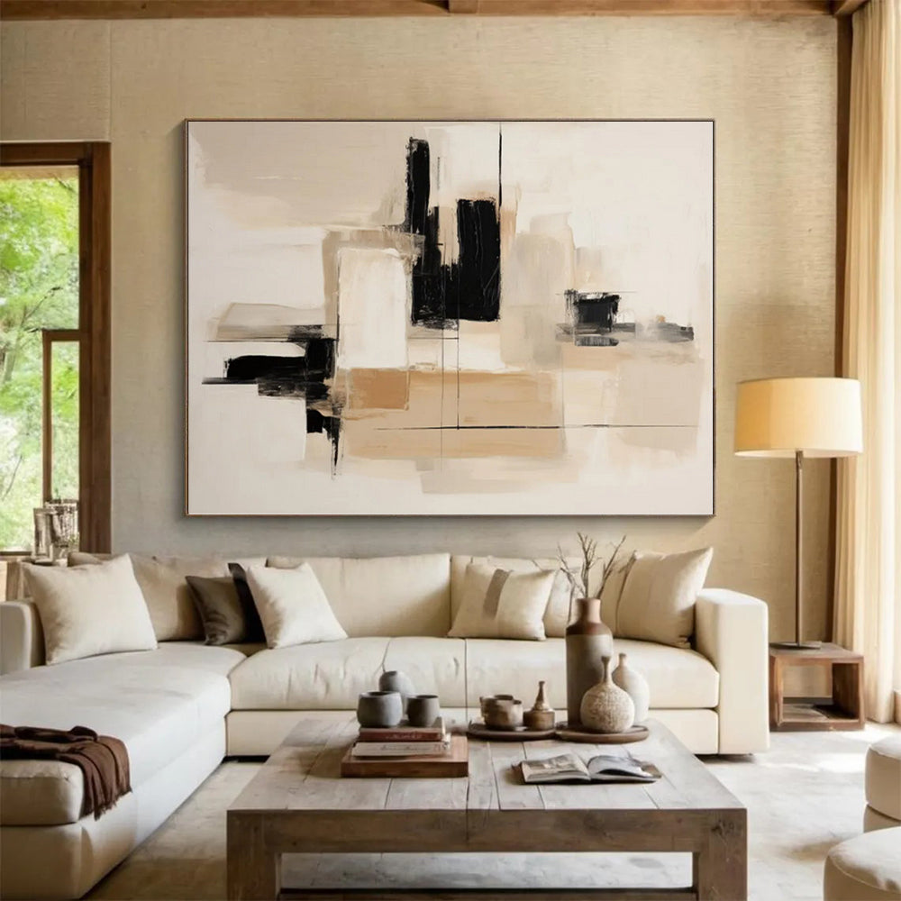 “Black - Beige Minimalist Abstraction” - Black, Beige Abstract Painting On Canvas PS0530