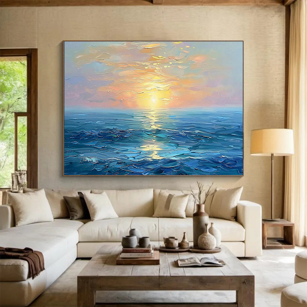 “Serene Sunset Sea” - Blue, Orange & Yellow Seascape, Expressive Oil Painting On Canvas DKS767