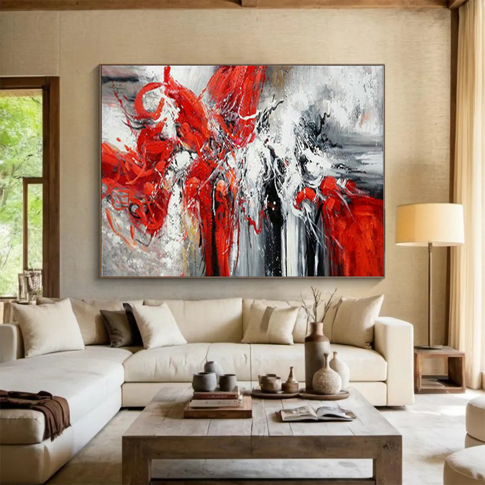 “Red - White Abstract Energy Burst” - Expressive Oil Painting on Canvas PT1485