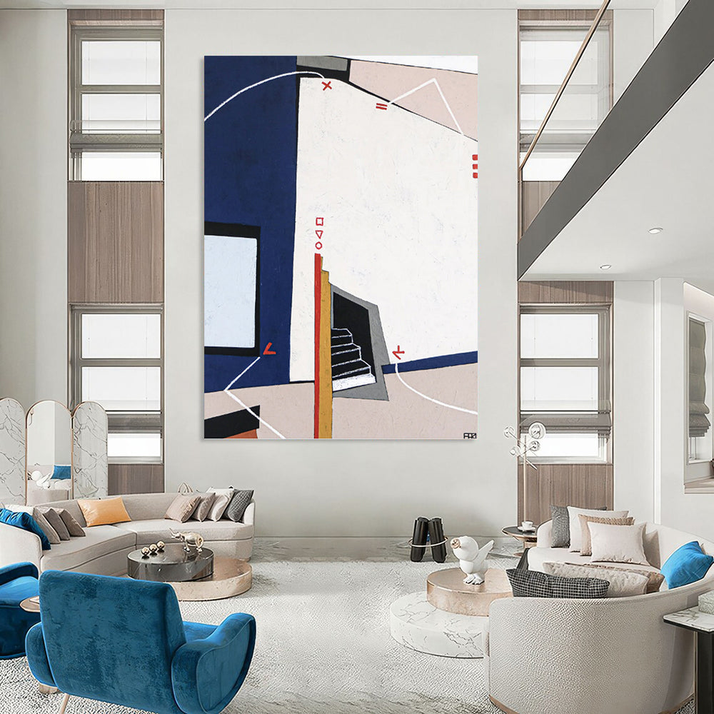 “Blue - White Geometric Abstraction” - Architectural Abstract Painting On Canvas PT1106