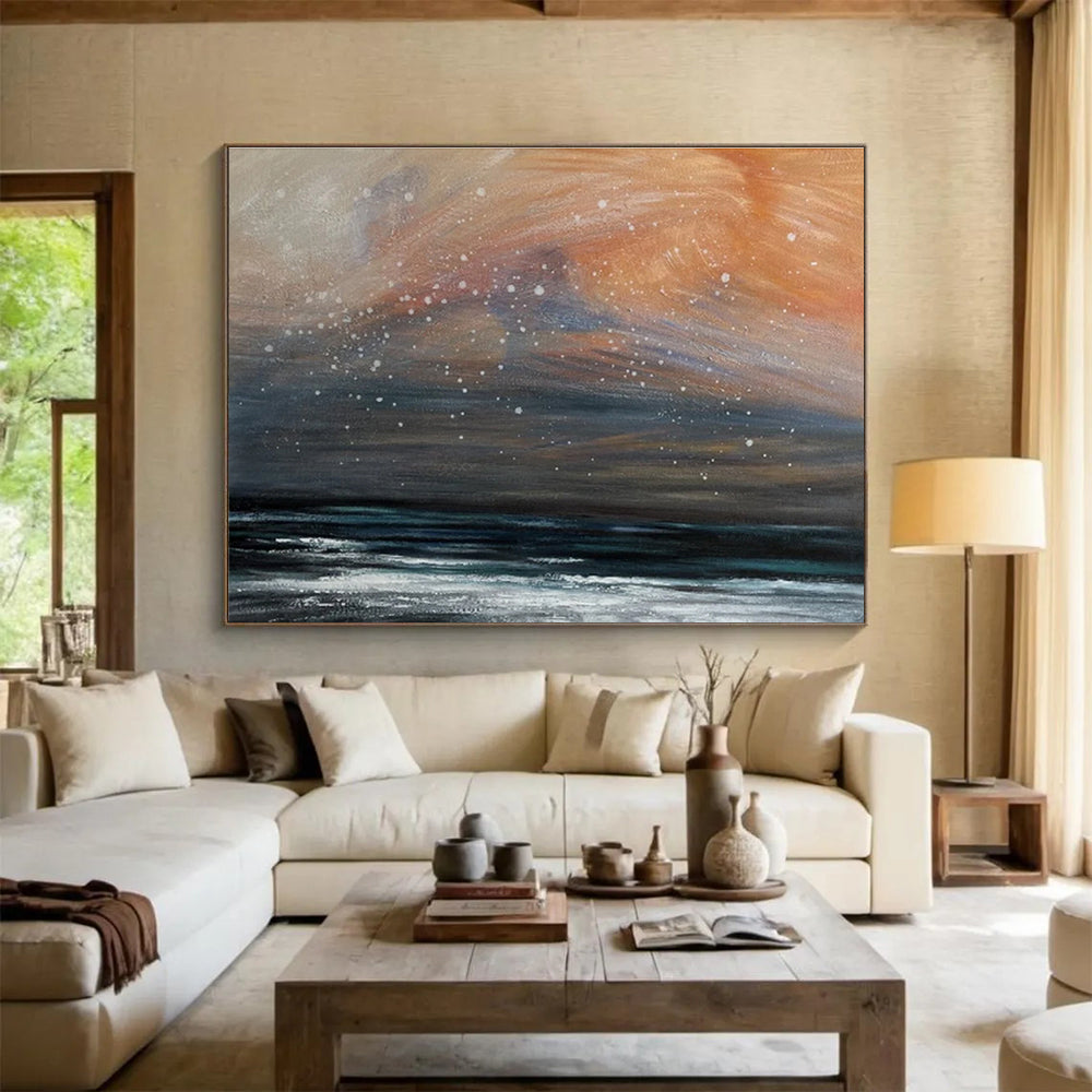 Orange and Grey Sky Over Dark Sea with Snow Seascape Painting On Canvas DKS110