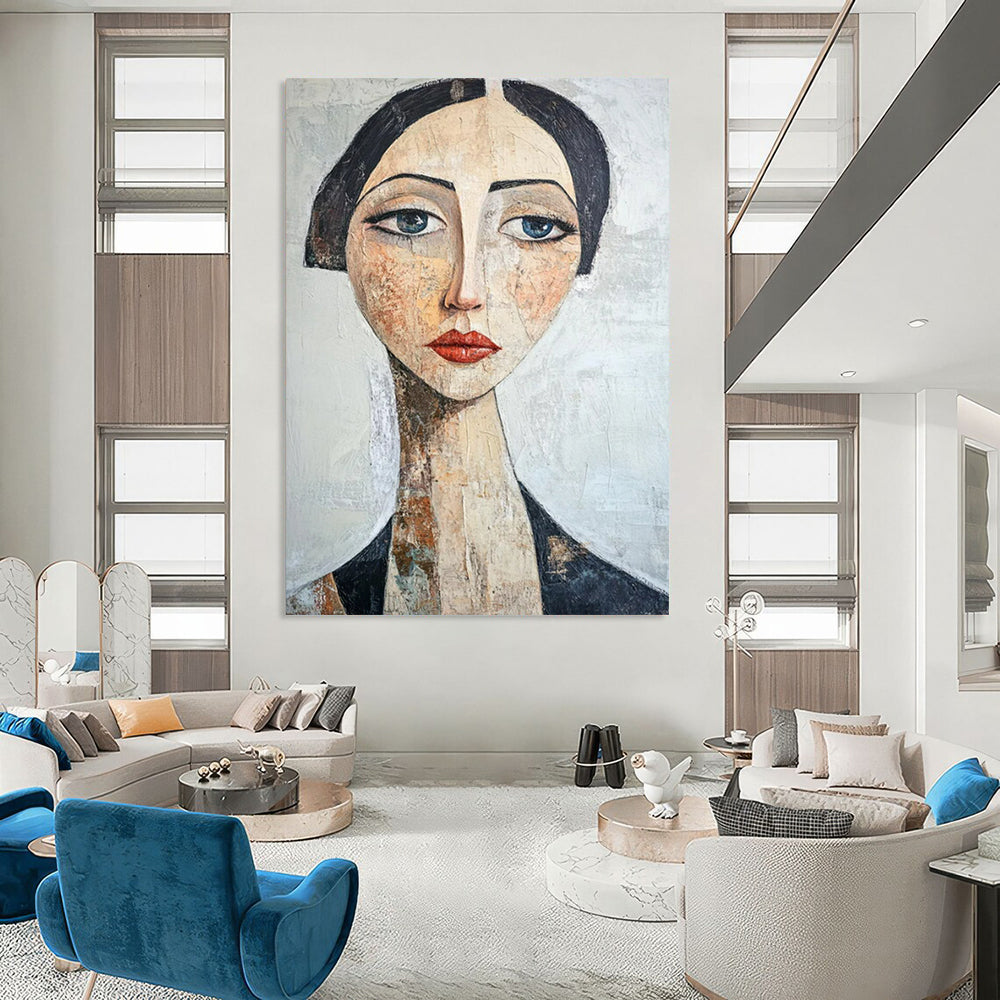 “Textured Portrait in Neutral Tones” - Mixed - Media Portrait Painting On Canvas PT2218