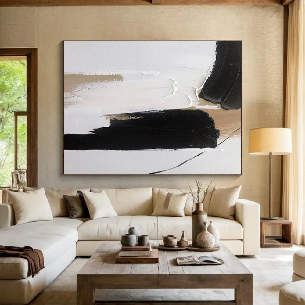 “Black - Beige Minimalist Strokes” - Minimalist Abstract Painting On Canvas PT1563