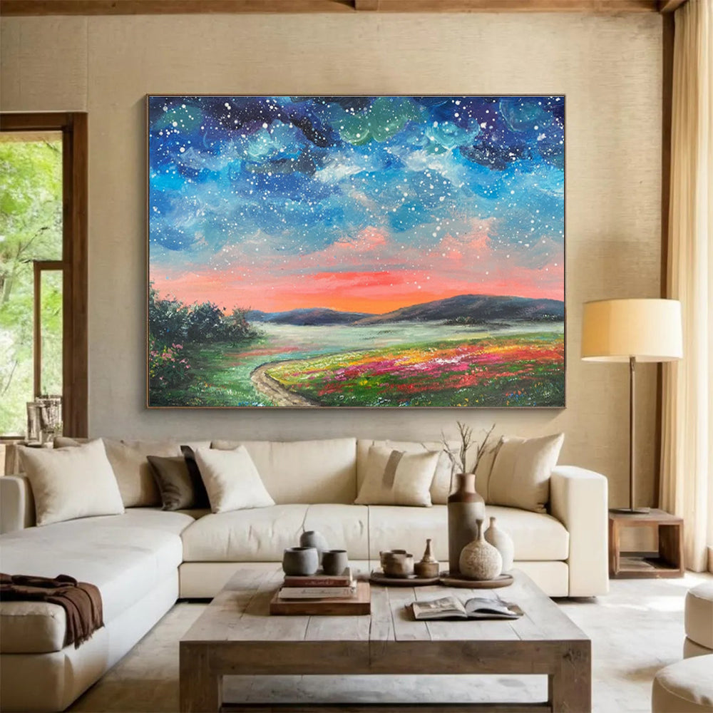 Starry Sunset Over Flower Field Landscape Painting On Canvas DKS122