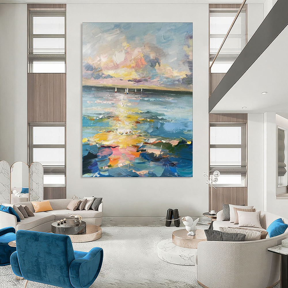 “Colorful Impasto Sunset Ocean with Sailboats” - Impasto Seascape Painting On Canvas PT1896