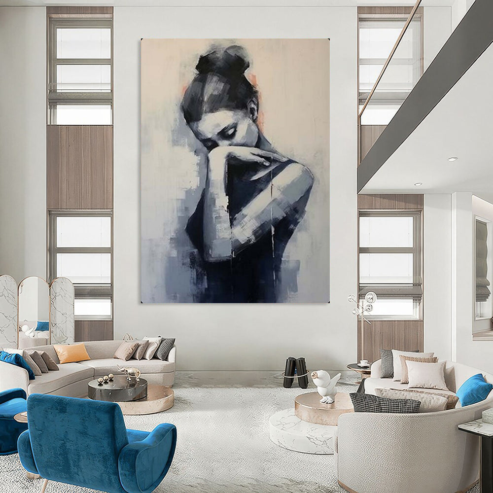 Monochrome Contemplative Figure, Minimalist Expression, Painting On Canvas PT2140