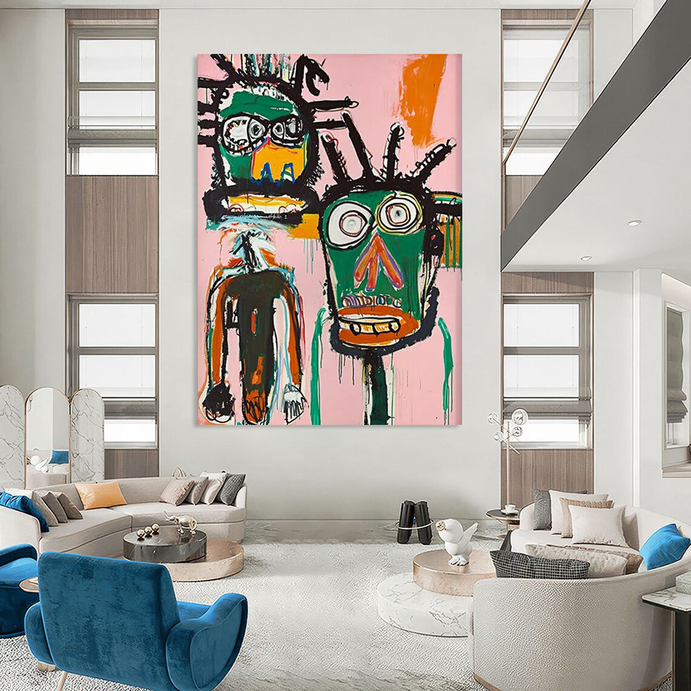 Dual Masks: Expressive Faces in Pink Painting On Canvas DS106