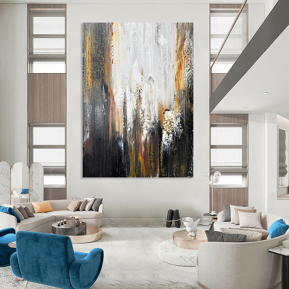 “Grey - White - Gold Abstract Streaks” - Abstract Expressionist Painting On Canvas PT1229