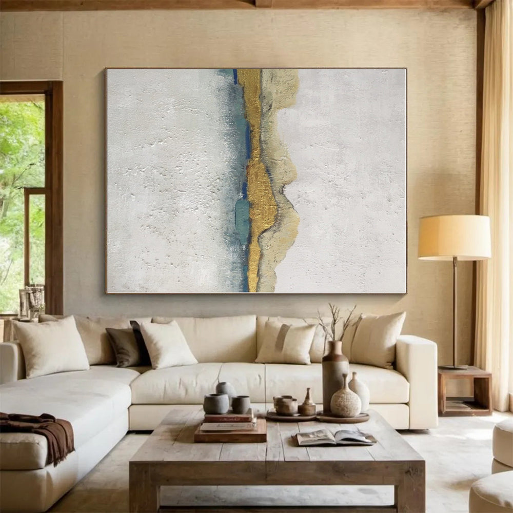 “Gold & Blue Minimalist Landscape” - Minimalist Abstract Painting On Canvas PS0413