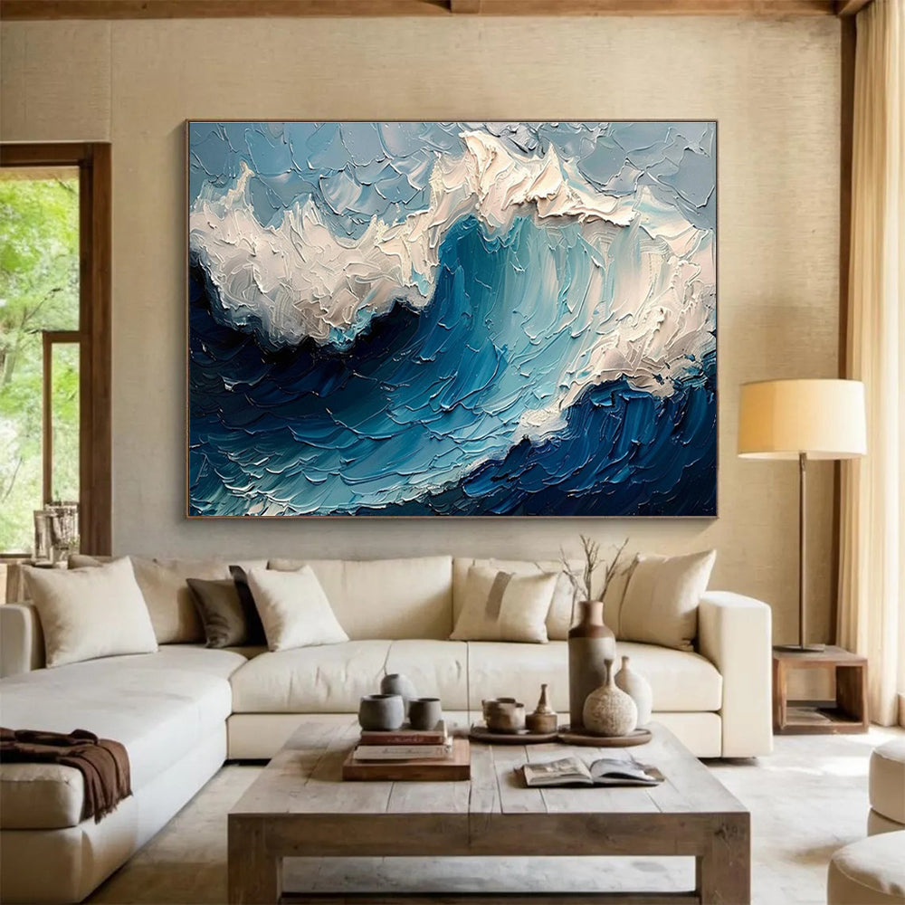 “Textured Ocean Wave” - Blue, White & Gray Seascape, Impasto Oil Painting On Canvas DKS766