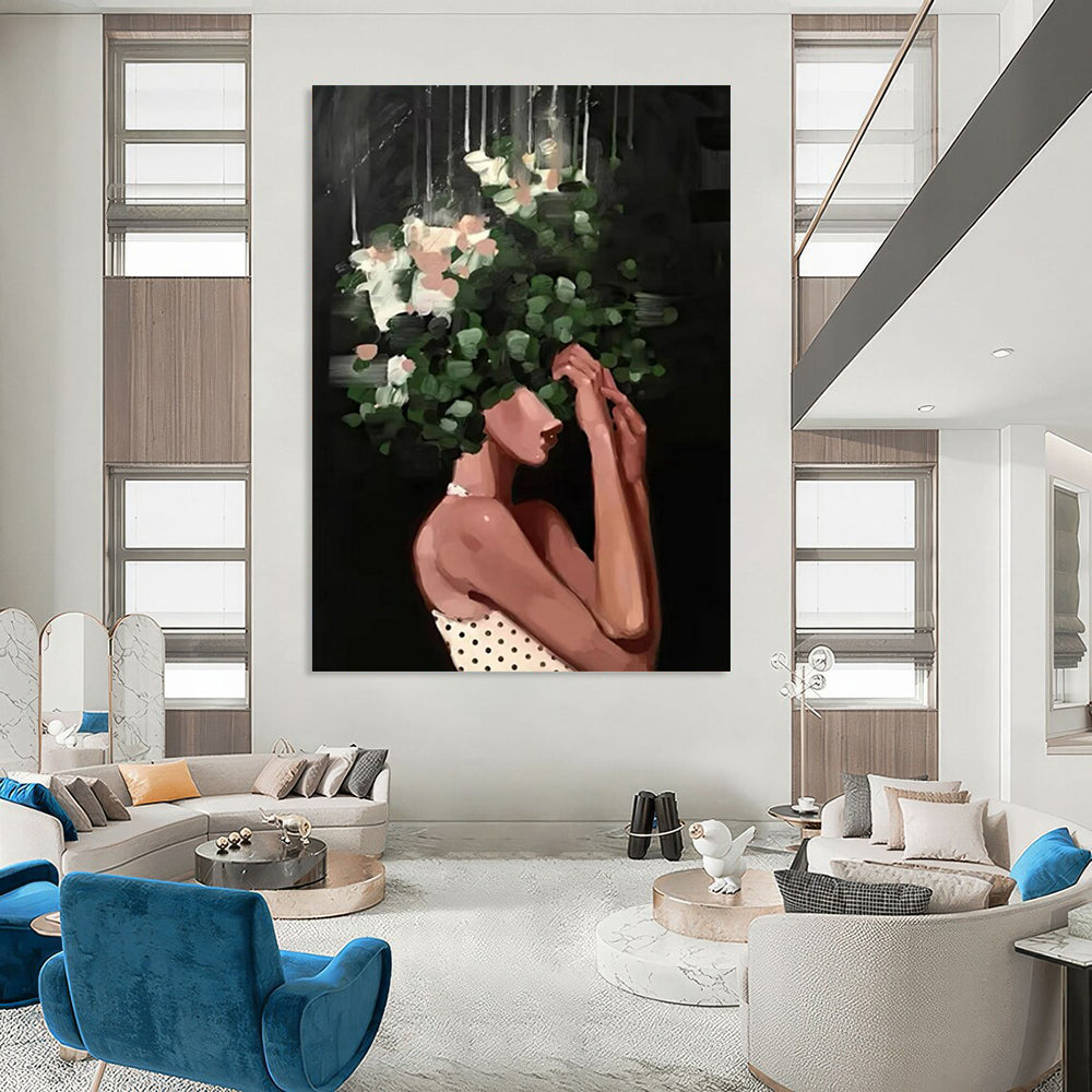 “Black, Green, and White Floral Head” - Elegant Figurative Painting On Canvas DS323