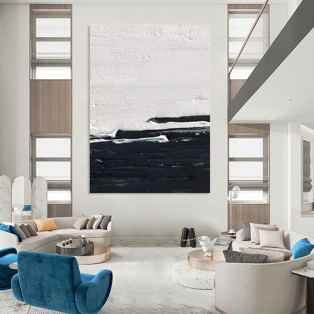 “Black and White Minimalist Horizon” - Subtle Abstract Painting On Canvas DS402