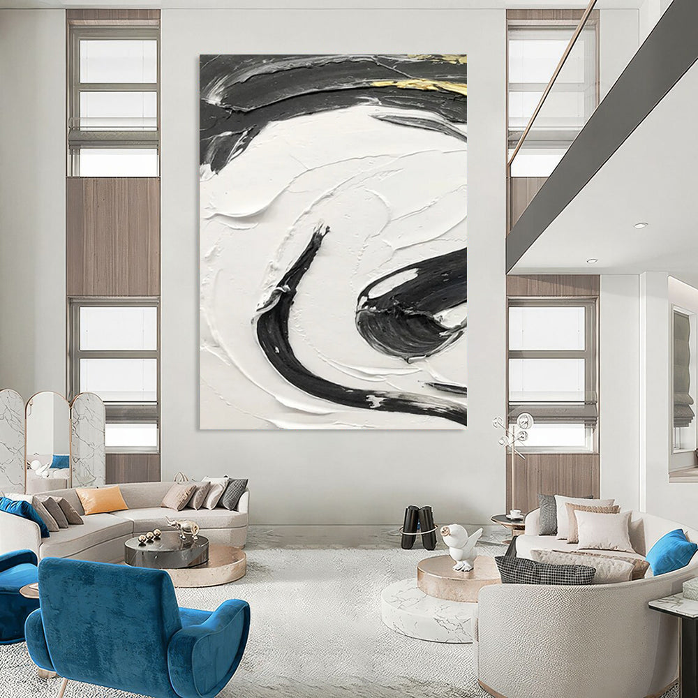“Black, White, and Gold Swirl” - Luxurious Abstract Painting On Canvas DS378