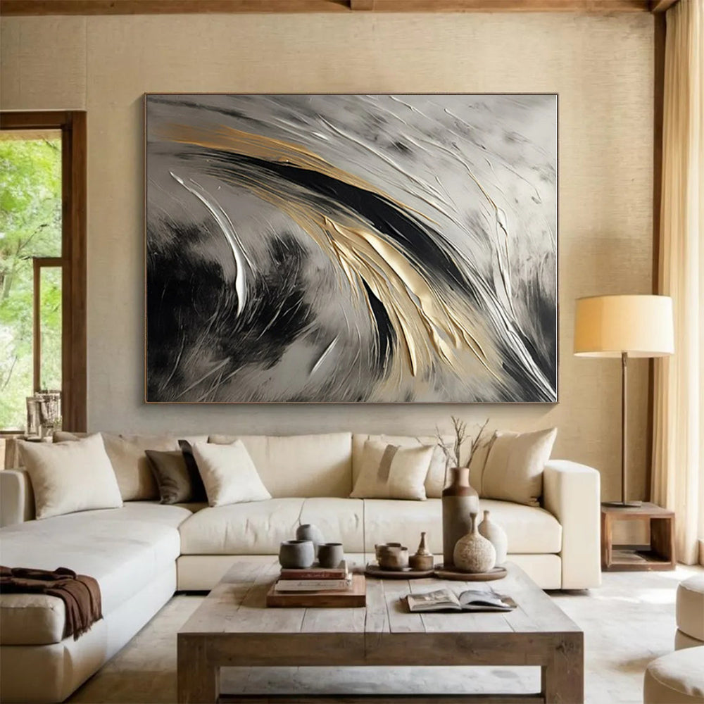 “Silver - Black - Gold Flowing Strokes” Painting On Canvas PS0834