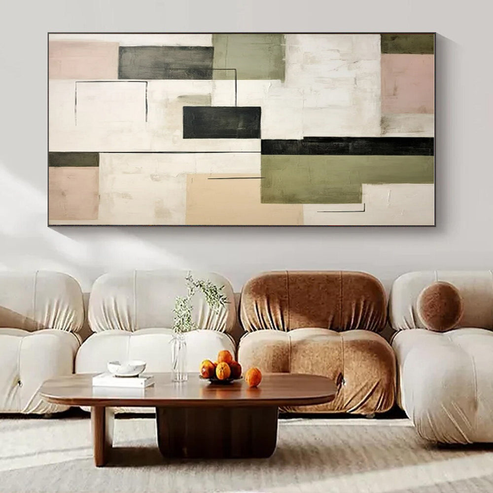 Green, Gray, Black, Beige, Pink with Geometric Forms "Playful Grid" Abstract Painting On Canvas PS1446