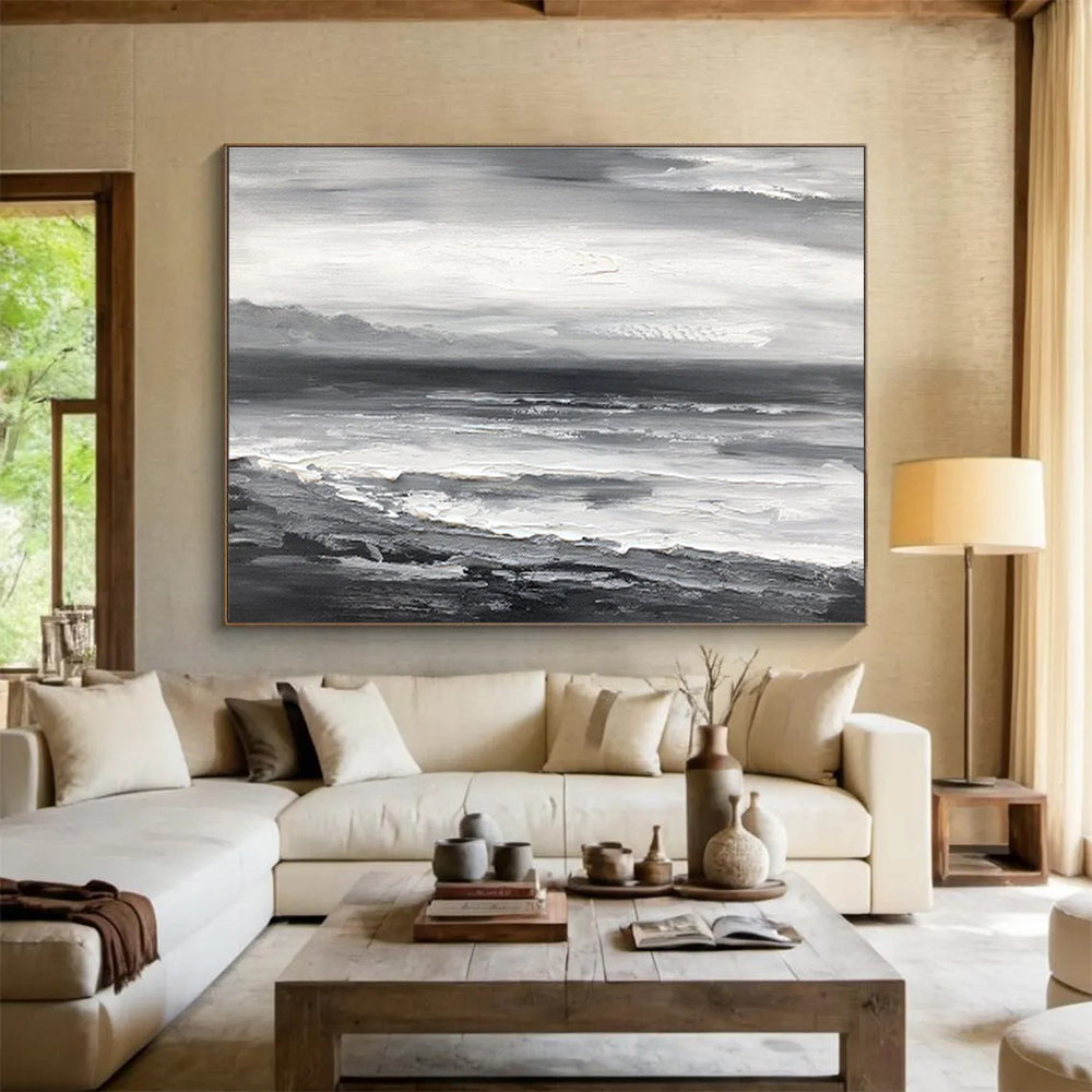 “Monochromatic Seascape” - Monochromatic Landscape Painting, Great for Minimalist Coastal Home & Contemporary Office DKS632