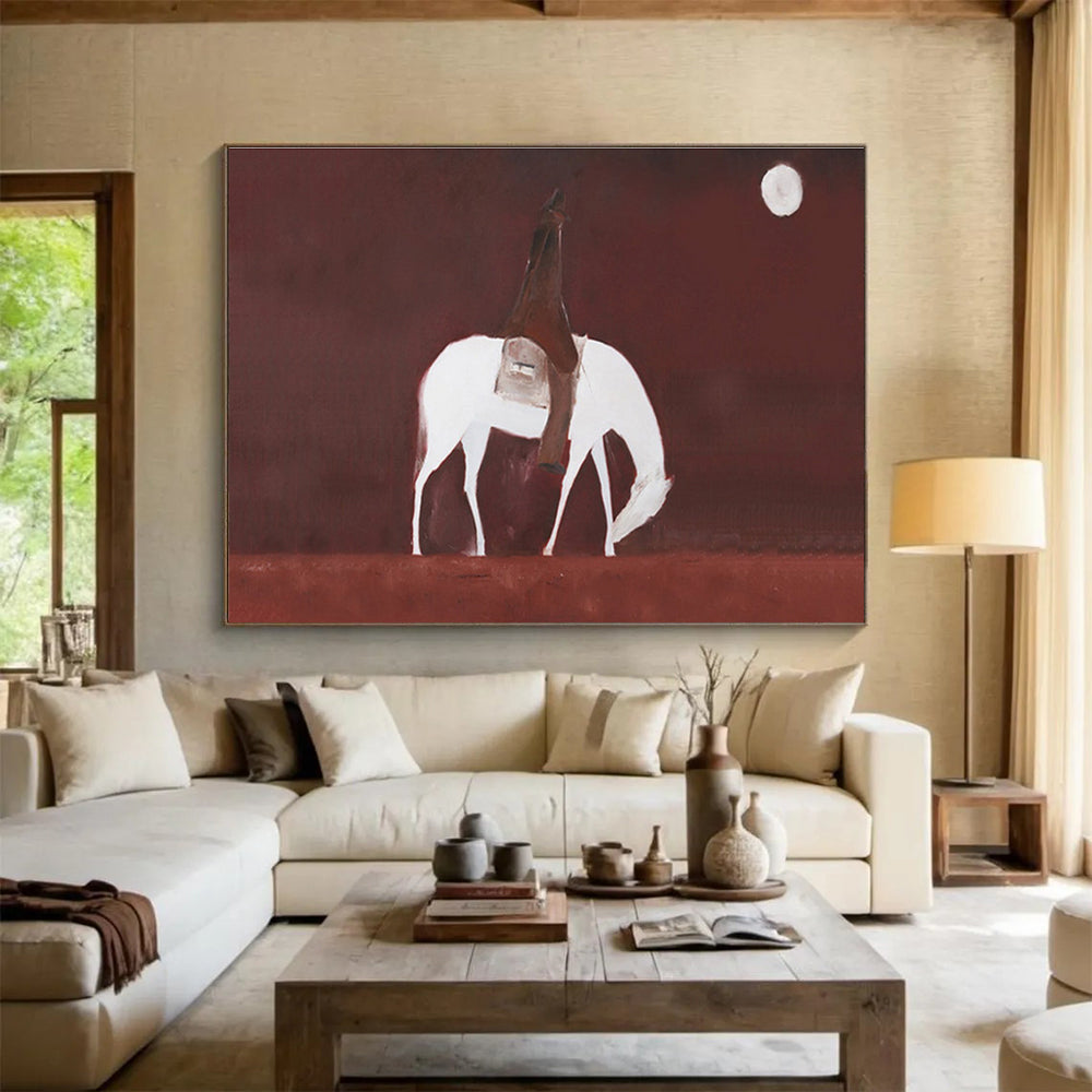 “Moonlit Rider” - Red, White & Brown Figurative, Minimalist Oil Painting On Canvas DKS732