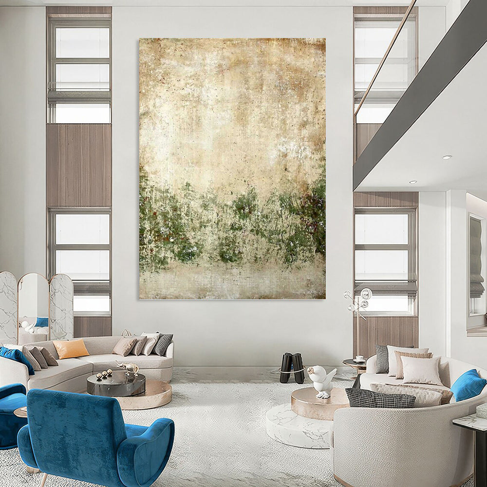 “Rustic Earth - Toned Vintage” - Beige, Green, Aged Abstract Painting On Canvas PT1483