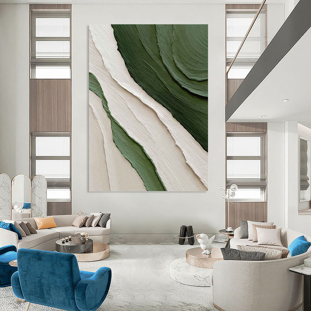 “Green & Beige Textured Waves” - Green, Beige, Layered Abstract Painting On Canvas PT1481