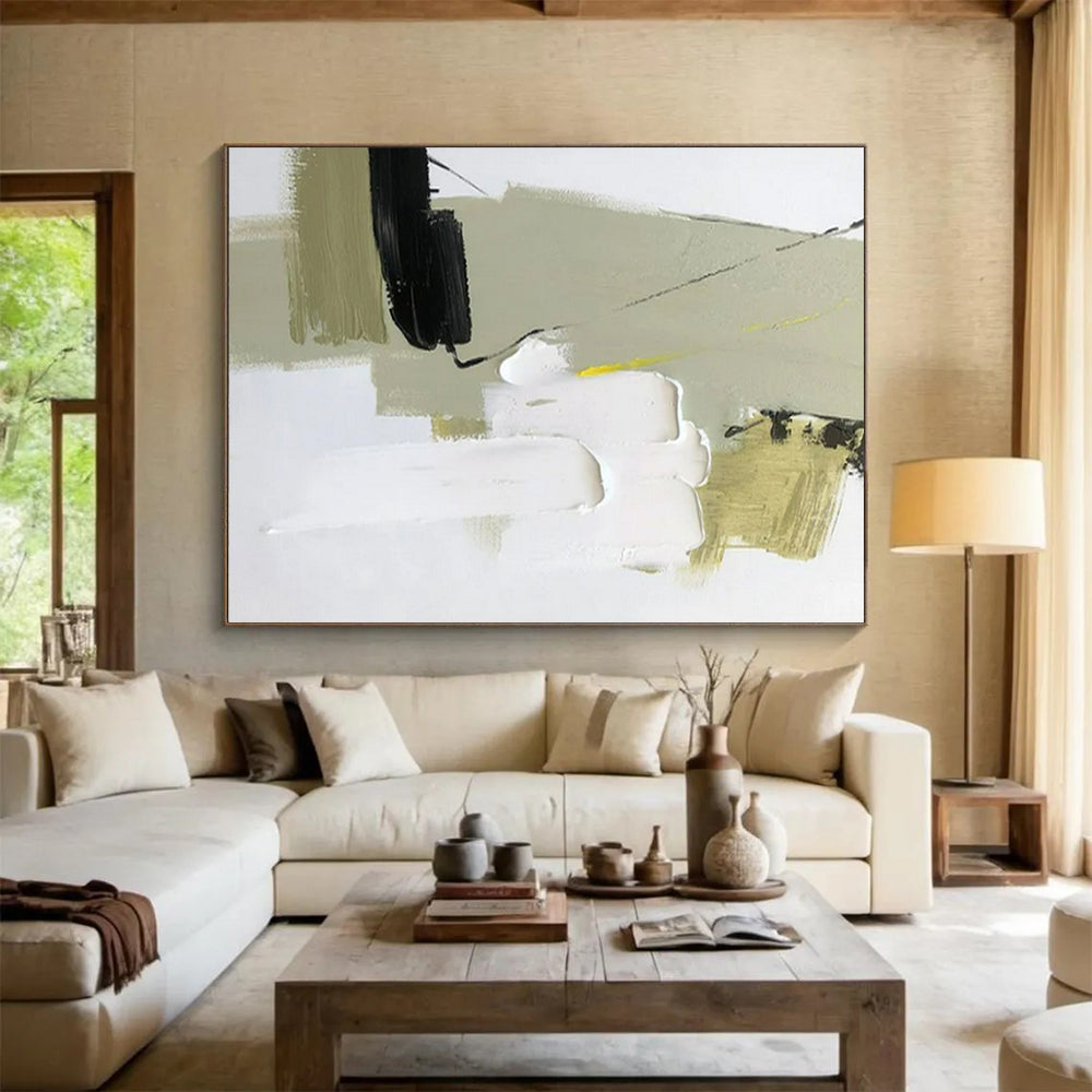 “Soft - Tone Abstract Blocks” - Green - White - Black Abstract Painting On Canvas PT1566
