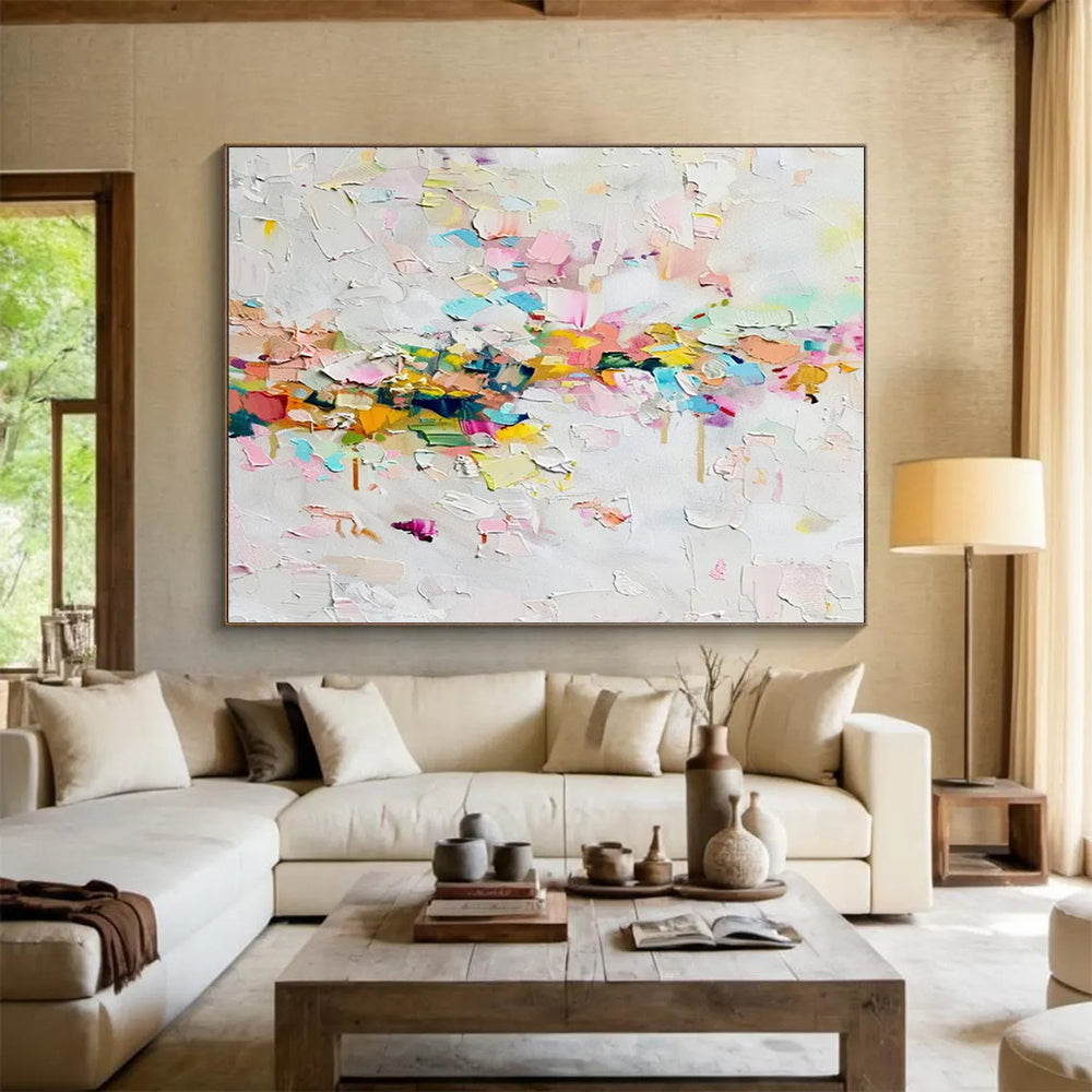 “Colorful Confetti Burst in Pinks, Blues & Yellows” - Abstract Impasto Painting On Canvas PT044