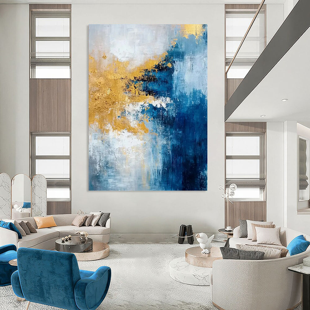 Blue - Gold Abstract Fusion Textured Painting On Canvas DS062