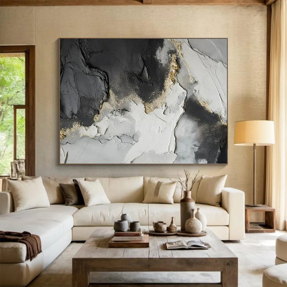 “Black - Gray - Gold Textured Abstract” - Luxe Abstract Painting On Canvas PT1580