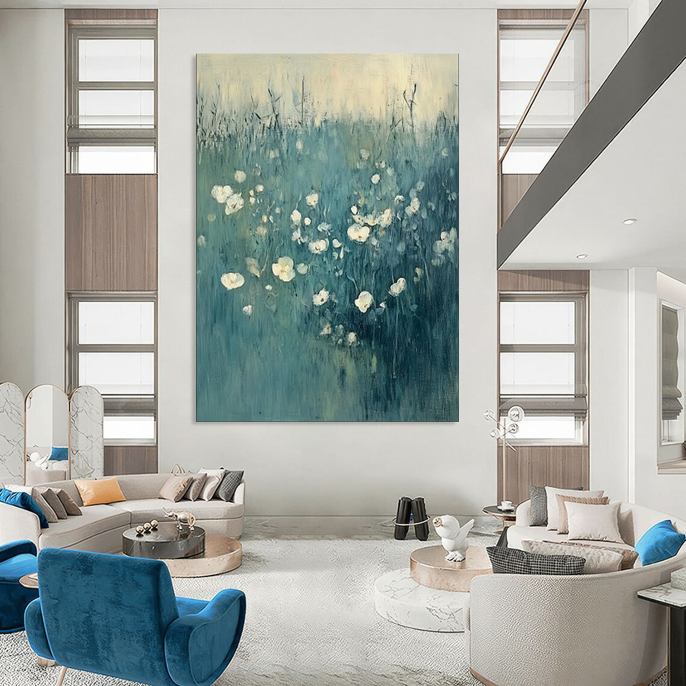 “Soft Blue Field with White Flowers” - Impressionist Floral Painting On Canvas PT1933