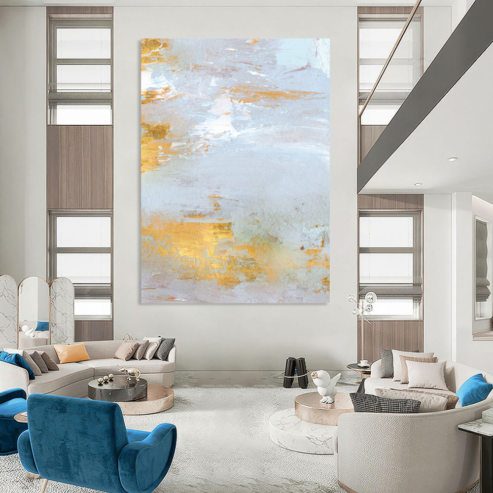 “Gold - Accented Coastal” - Light Gray & Shimmering Gold Seascapes Painting On Canvas DS160