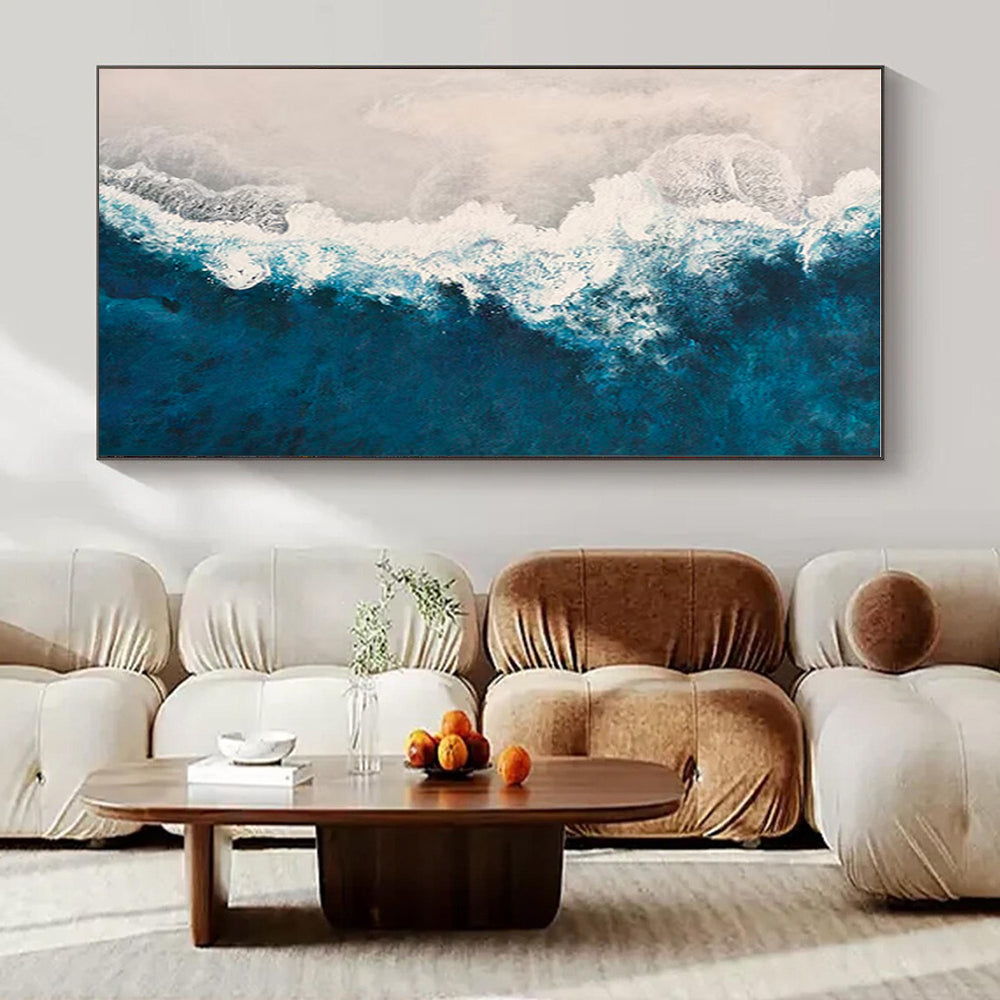 Blue, White with Aerial View "Coastal Waves" Abstract Painting On Canvas PS1400
