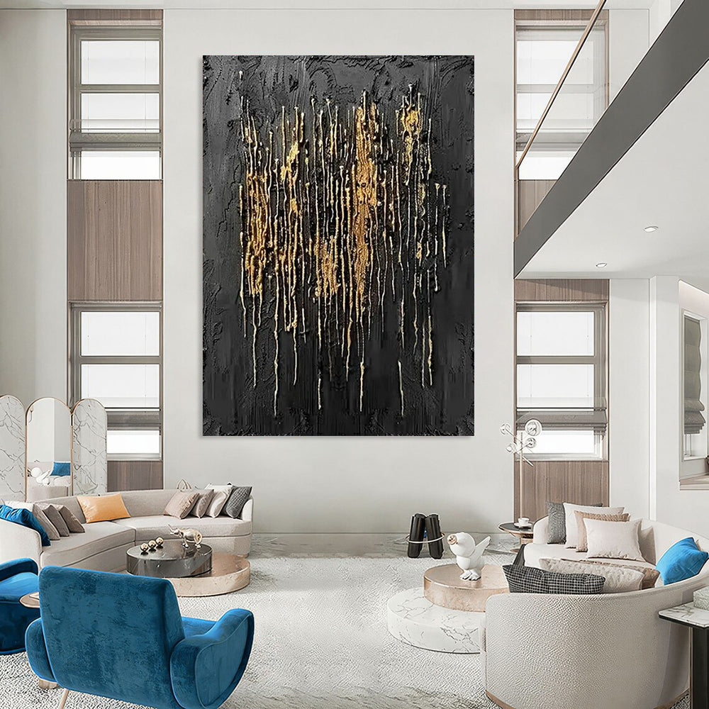 “Black and Gold Drip Elegance” - Abstract Textured Painting On Canvas PT2358