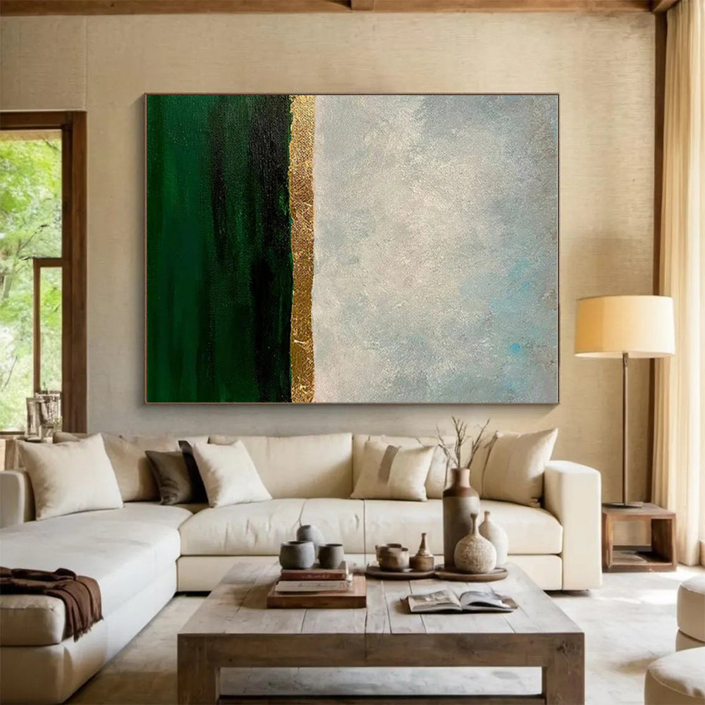 “Gold - Green Sea Horizon” - Green, Gray, Gold, Blue Abstract Seascape Painting On Canvas PS0644