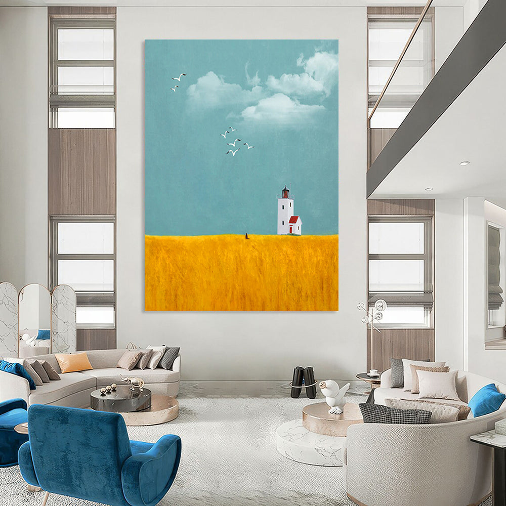 “Lighthouse in Yellow Field” - Minimalist - Inspired Landscape Painting On Canvas PT1429
