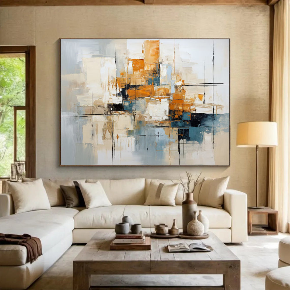 “Abstract Cityscape in Gray, Orange & Blue” - Modern Urban Impasto Painting On Canvas PT006