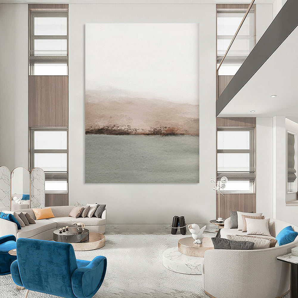 “Tiny Gray - Beige Watercolor Hills and Lake” - Watercolor Painting On Canvas PT2062
