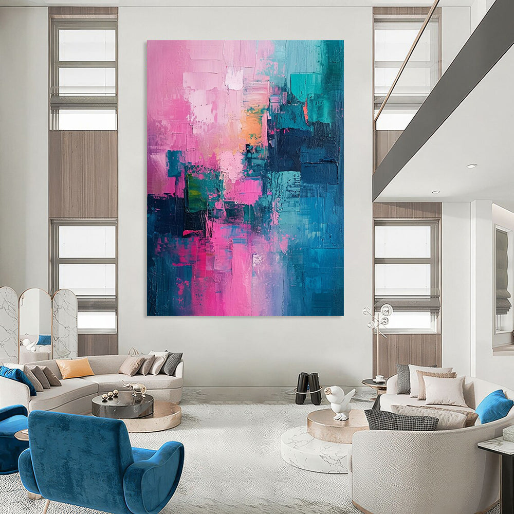 Pink - Teal Abstract Blocks Textured Painting On Canvas DS061