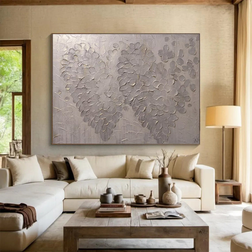 “Silver Textures & Floral Forms” - Textured Abstract - Painting On Canvas PT1687