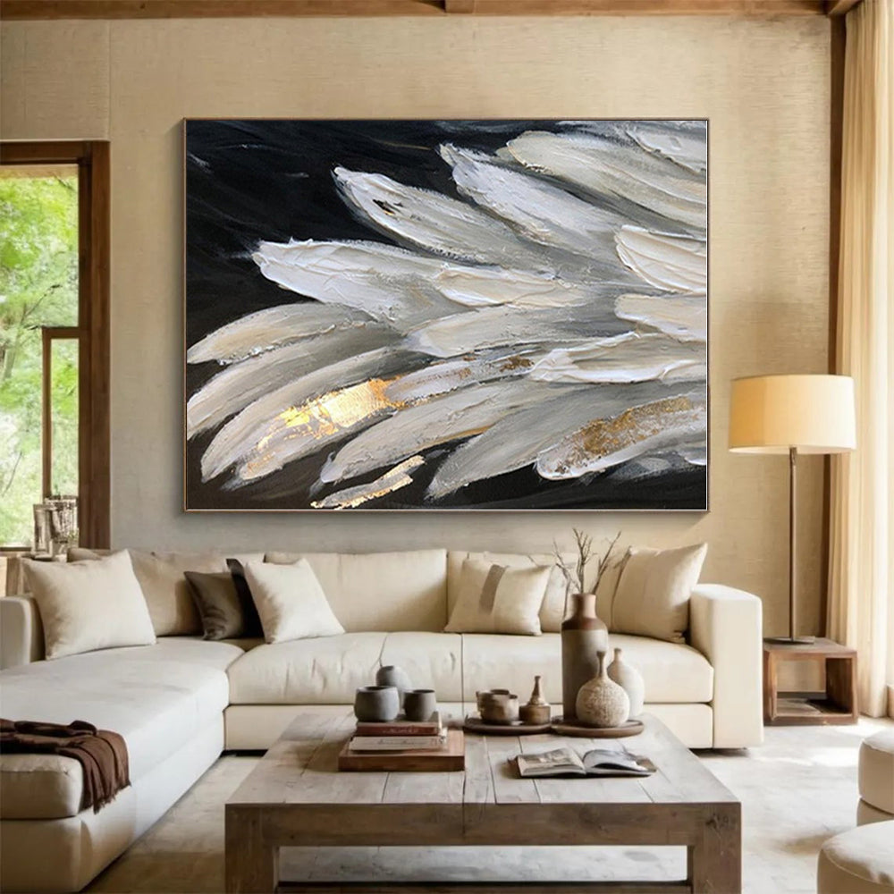 “White & Gold Feather Textures” - Textured Abstract Painting On Canvas PS0431