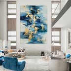 “Blue and Gold Strokes: Abstract Water - Inspired Painting” - Energetic Abstract Painting On Canvas PT0931
