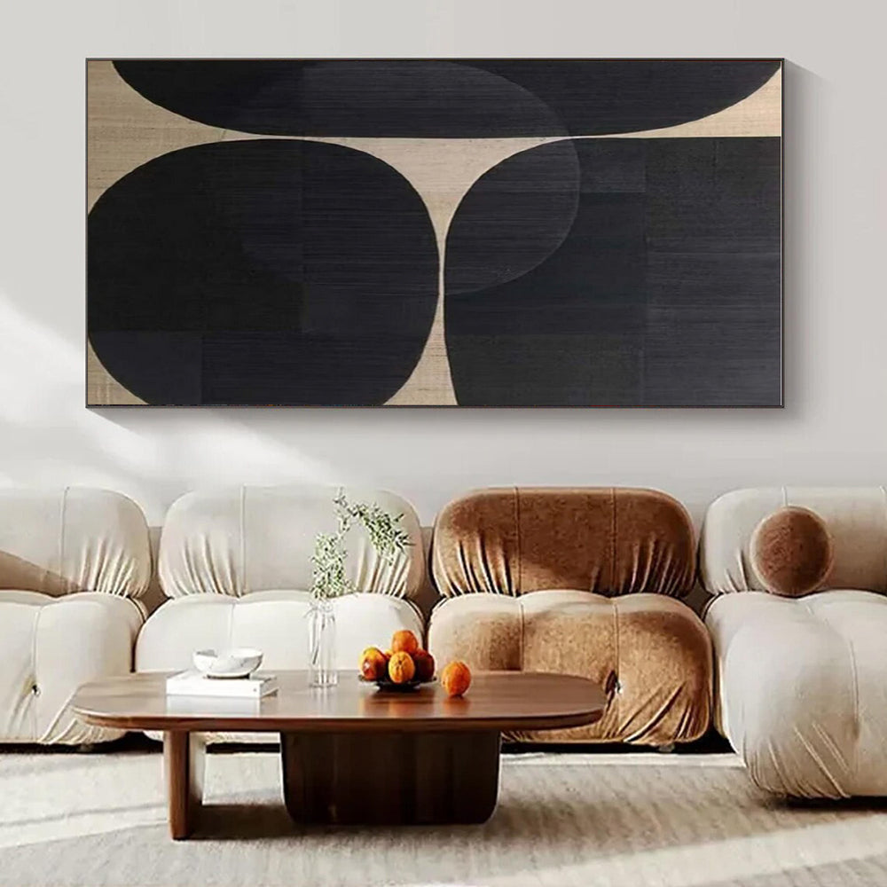 Black, Beige with Overlapping Circles "Geometric Harmony" Abstract Painting On Canvas PS1474