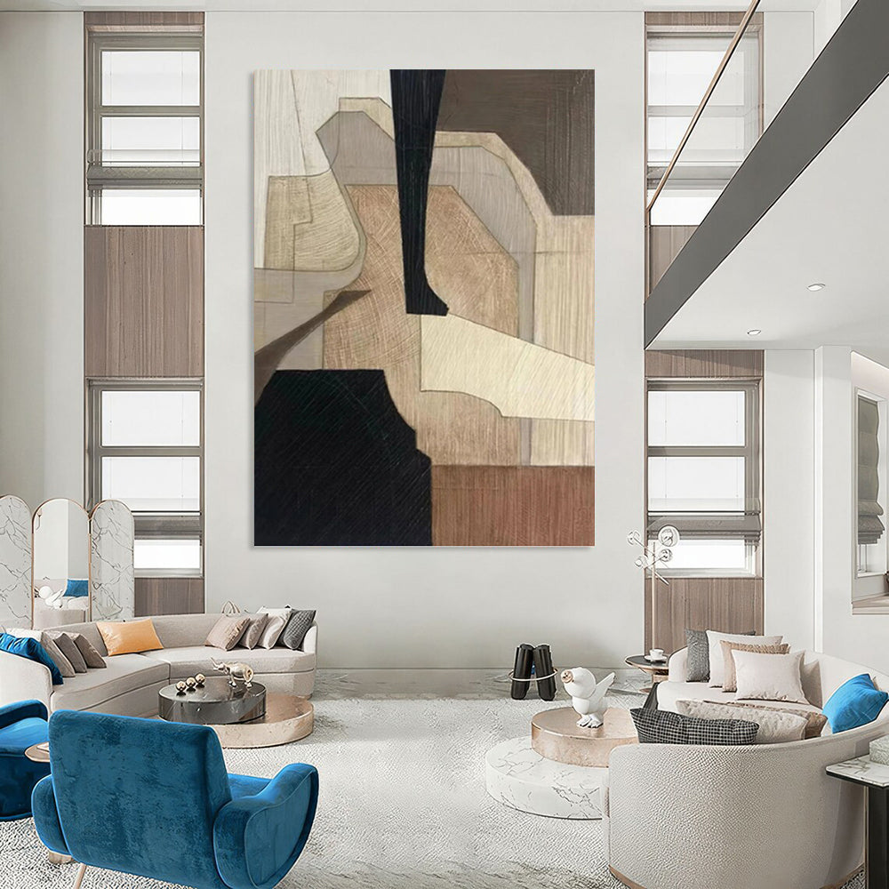 “Wood - Toned Geometric Abstraction” - Brown and Beige Geometric Painting On Canvas PT1071
