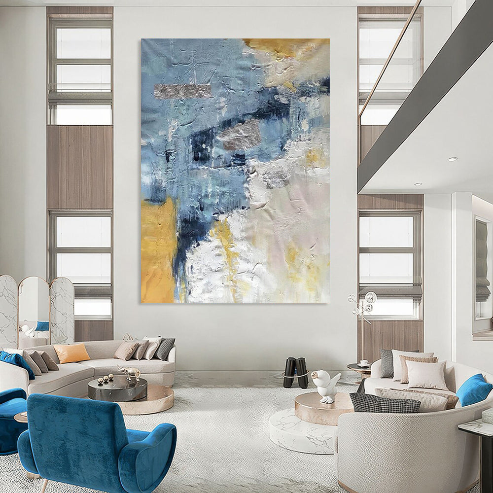 “Textured Blue & Gold Abstract” - Layered Paints with Metallic Shimmers Painting On Canvas DS255